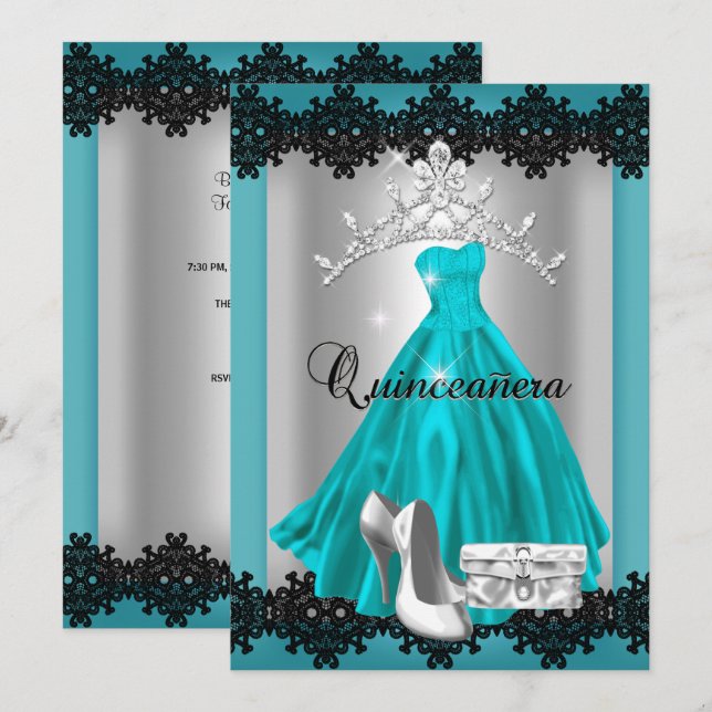 Invitation Couronne de diamants argentés noirs sarcelle pour  (Devant / Derrière)