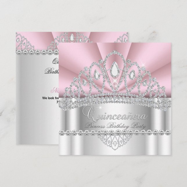 Invitation Couronne de diamants blancs roses pour princesse Q (Devant / Derrière)