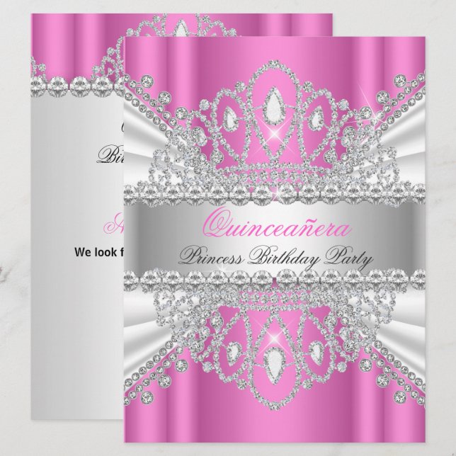 Invitation Couronne de diamants blancs roses pour princesse Q (Devant / Derrière)