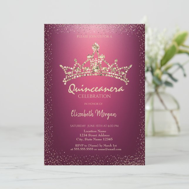Invitation Couronne de diamants chic rouge Quinceañera  (Debout devant)