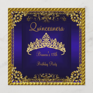 Invitation Couronne de diamants dorés bleu profond pour Quinc