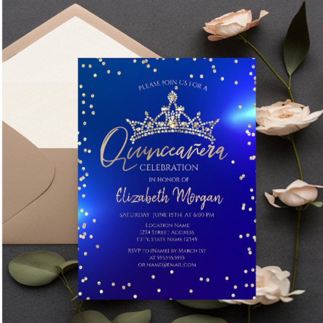 Invitation Couronne de diamants dorés pour Quinceañera bleue (Créateur téléchargé)