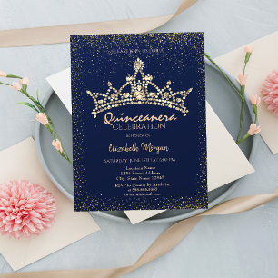 Invitation Couronne de diamants en or chic bleu marine pour Q