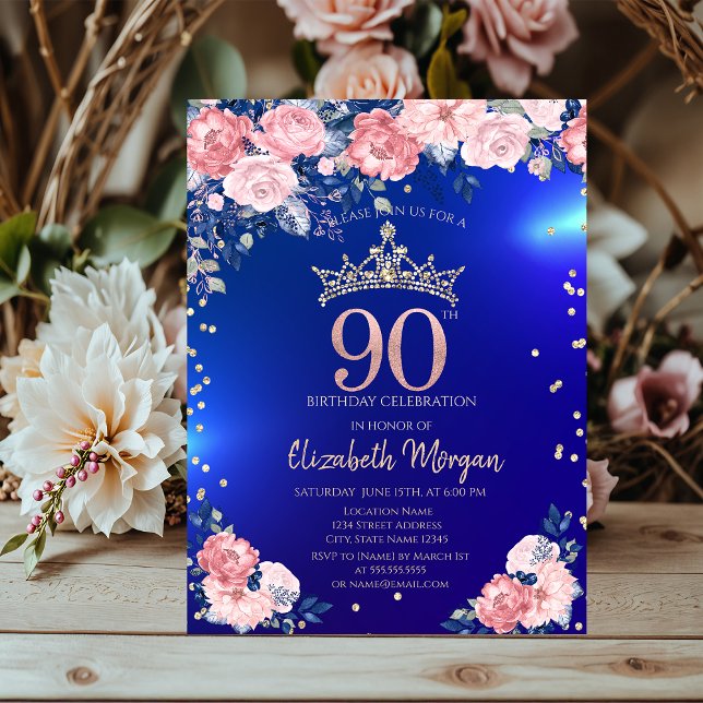 Invitation Couronne de diamants Fleurs Bleu 90e Anniversaire (Créateur téléchargé)