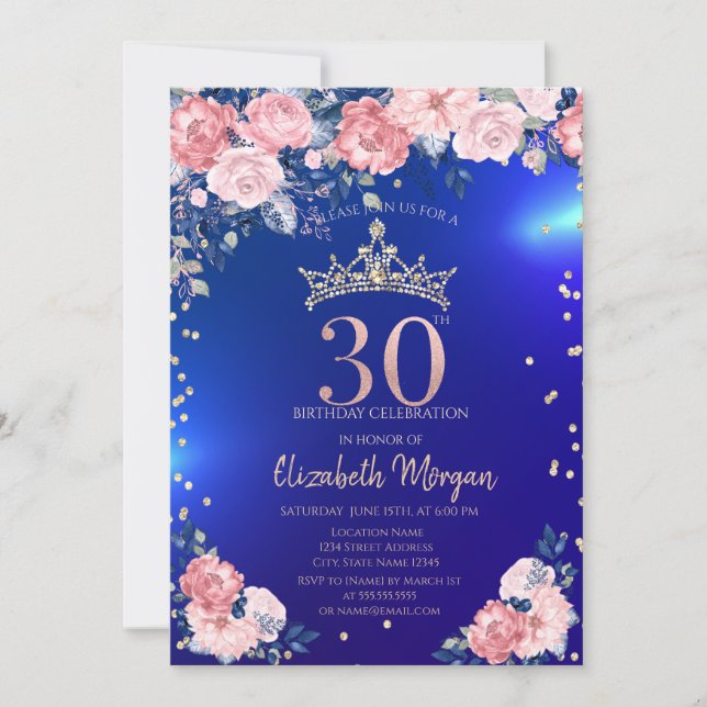 Invitation Couronne de diamants Fleurs Bleues 30 ans Annivers (Devant)