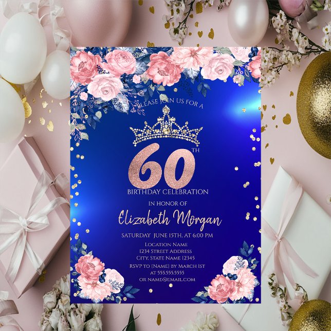 Invitation Couronne de diamants Fleurs Bleues 60 ans Annivers (Créateur téléchargé)