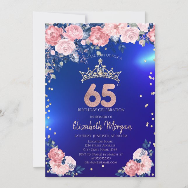 Invitation Couronne de diamants Fleurs Bleues 65e Anniversair (Devant)