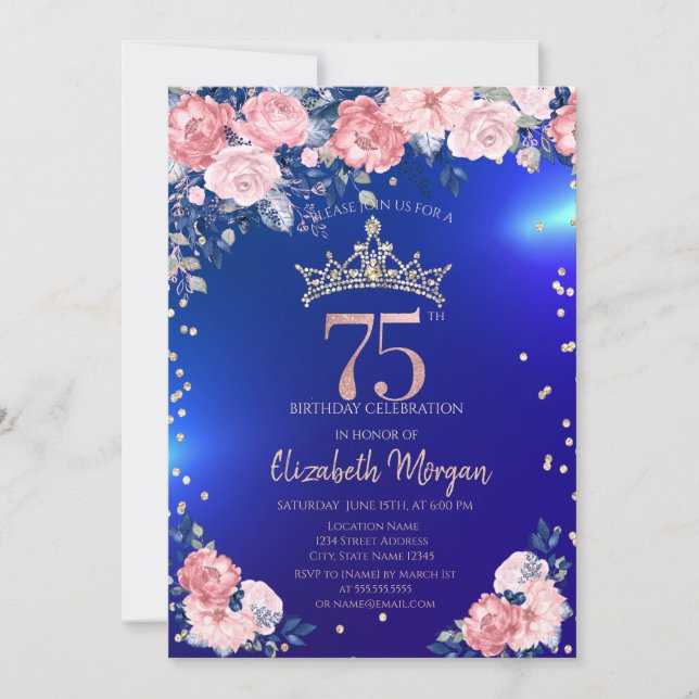 Invitation Couronne de diamants Fleurs Bleues 75 ans Annivers (Devant)