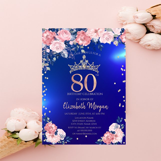 Invitation Couronne de diamants Fleurs Bleues 80 ans Annivers (Créateur téléchargé)