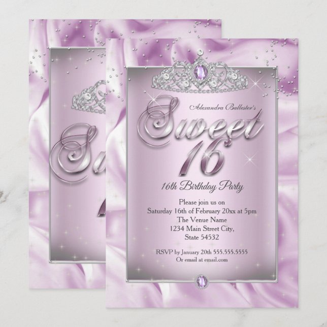 Invitation Couronne de diamants lilas violets pour fête d'ann (Devant / Derrière)