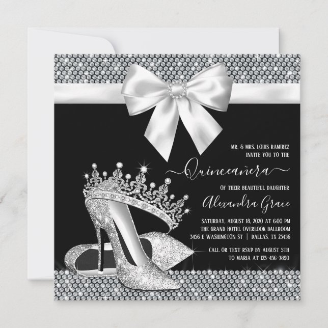 Invitation Couronne de diamants noir et blanc chaussure de gl (Devant)