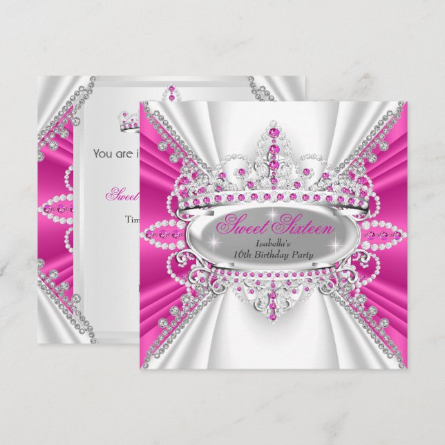 Invitation Couronne de diamants rose chaud pour princesse de  (Devant / Derrière)