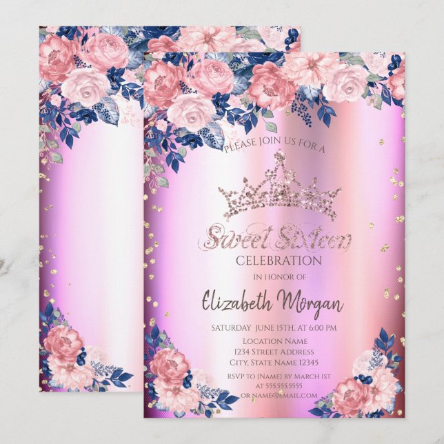 Invitation Couronne de diamants Roses Bleu Rose Douce 16 (Devant / Derrière)