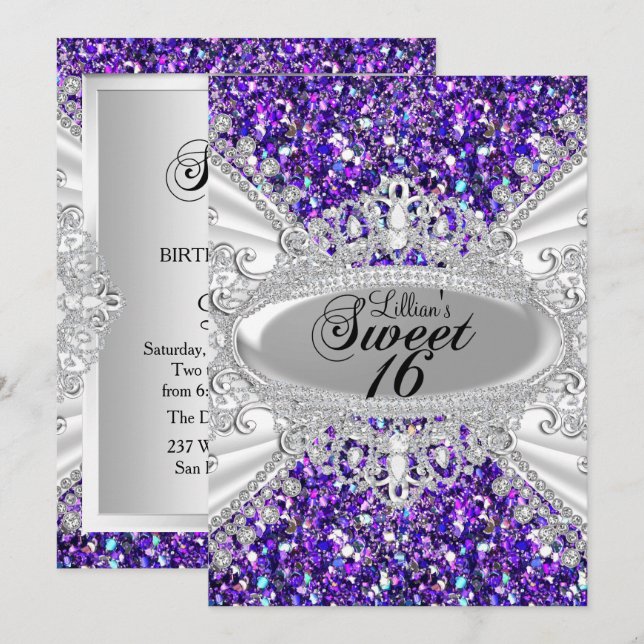 Invitation Couronne de diamants scintillants violets Invitati (Devant / Derrière)