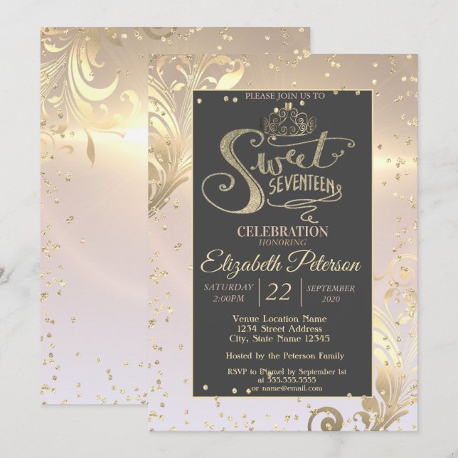 Invitation Couronne de diamants sucrés or 17 ans d'anniversai (Devant / Derrière)