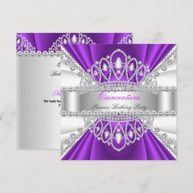 Invitation Couronne de diamants violette et blanche pour prin (Devant / Derrière)