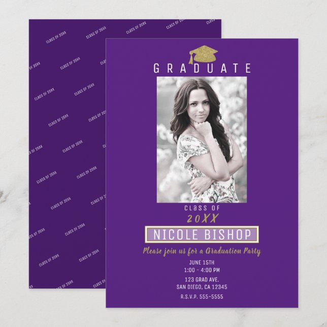 Invitation Couronne de diplômé Paillettes dorées Fête de remi (Devant / Derrière)