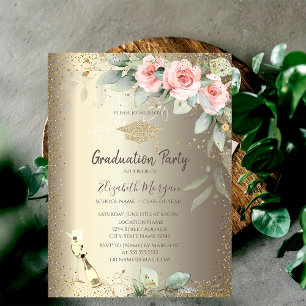 Invitation Couronne de diplômé, Verre à vin, Fleurs Boho Grad