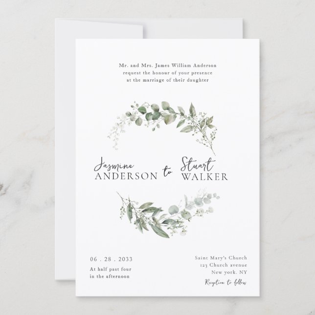 Invitation Couronne de eucalyptus simple et amusante pour mar (Devant)