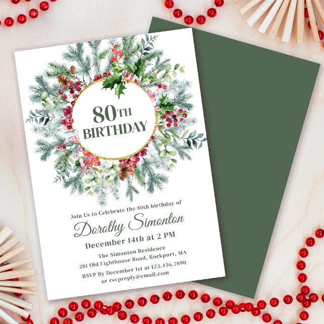 Invitation Couronne de fête 80 ans au pin rustique et baie de (Need matching party supplies. Welcome signs, paper plates, napkins. Something else? Message me!)