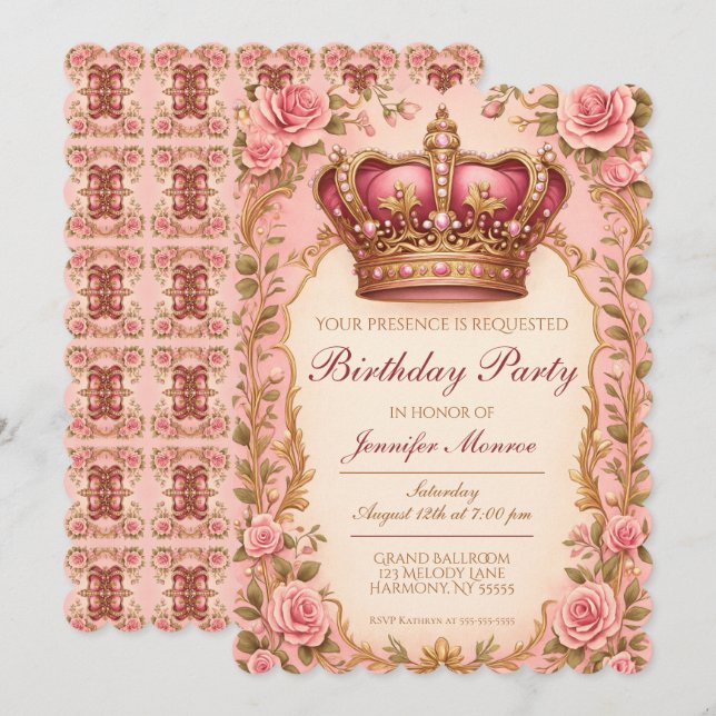 Invitation Couronne de fête d'anniversaire de princesse royal (Devant / Derrière)