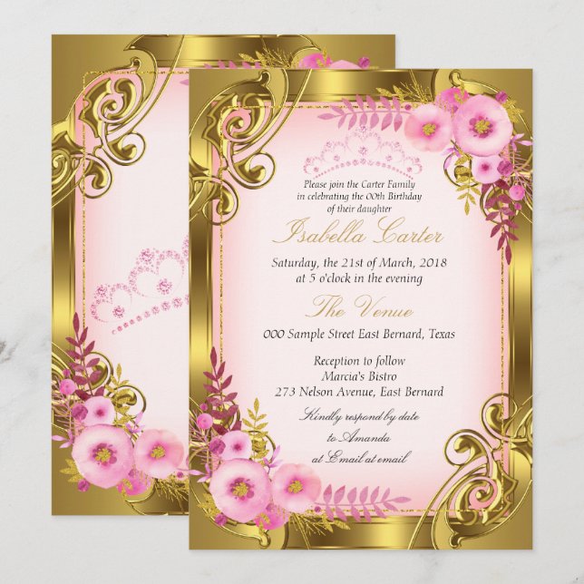 Invitation Couronne de fête d'anniversaire florale rose en or (Devant / Derrière)