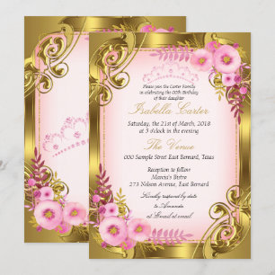 Invitation Couronne de fête d'anniversaire florale rose en or