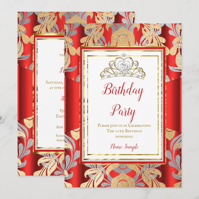 Invitation Couronne de fête d'anniversaire Grise Damassée Or  (Devant / Derrière)