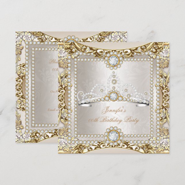 Invitation Couronne de fête d'anniversaire Princesse Crème Or (Devant / Derrière)