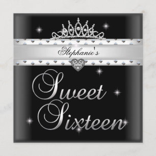 Invitation Couronne de fête d'anniversaire Sweet 16 noir blan