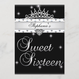 Invitation Couronne de fête d'anniversaire Sweet 16 noir blan
