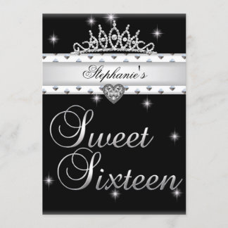 Invitation Couronne de fête d'anniversaire Sweet 16 noir blan