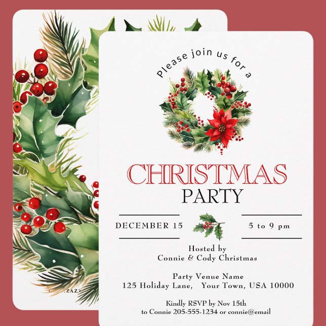 INVITATION COURONNE DE FÊTE DE FIN D'ANNÉE, FÊTE DE NOËL (Christmas Party Invitation featuring a Wreath)