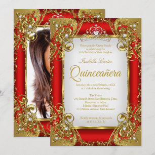 Invitation Couronne de Fête de Quinceañera Perle Dorée Rouge