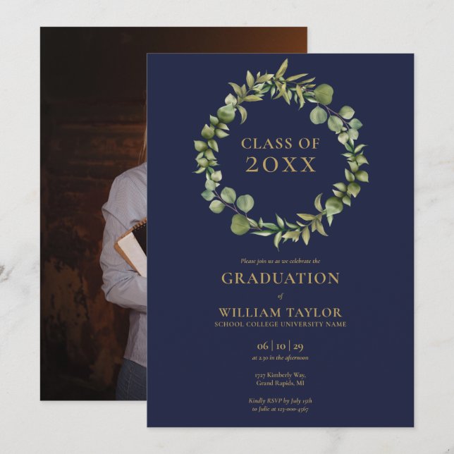Invitation Couronne de Fête de Remise de Diplôme Bleu Marine  (Devant / Derrière)
