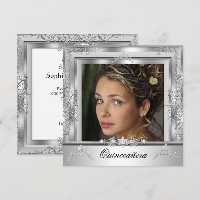 Invitation Couronne de fête des 15 ans Quinceañera Blanche Ar (Devant / Derrière)
