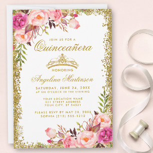 Invitation Couronne de Fête des Quinze Ans Rose Fleurs Or Pai