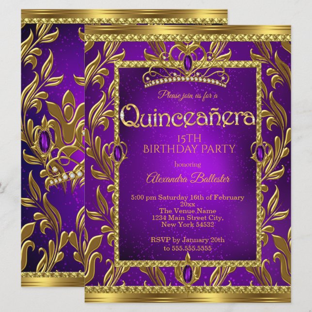 Invitation Couronne de Fête des Quinze Ans Violet Bleu Or (Devant / Derrière)