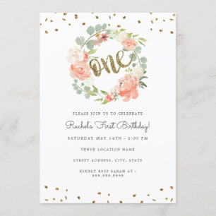 Invitation Couronne de Fête Premier Anniversaire Floral Gold