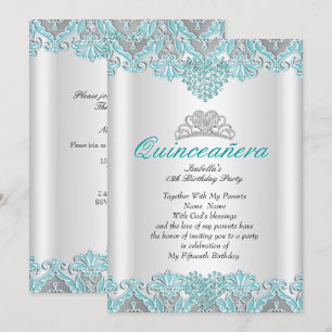 Invitation Couronne de fête Quinceanera bleu sarcelle cœurs d