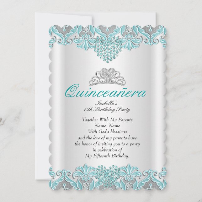 Invitation Couronne de fête Quinceanera bleu sarcelle cœurs d (Devant)