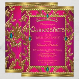 Invitation Couronne de Fête Quinceanera Rose Chaud Bleu Turqu