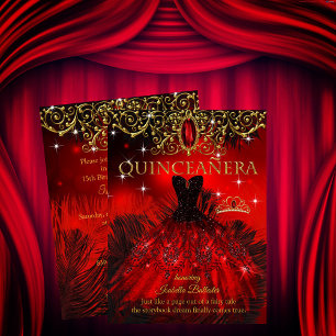 Invitation Couronne de Fête Quinceanera Rouge Noir Plumes Or