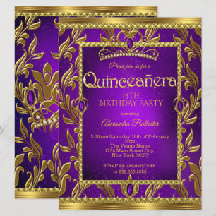 Invitation Couronne de fête Quinceanera Violet Bleu Or