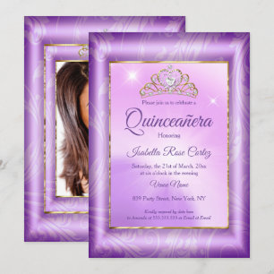 Invitation Couronne de fête violette pour Quinceanera en or