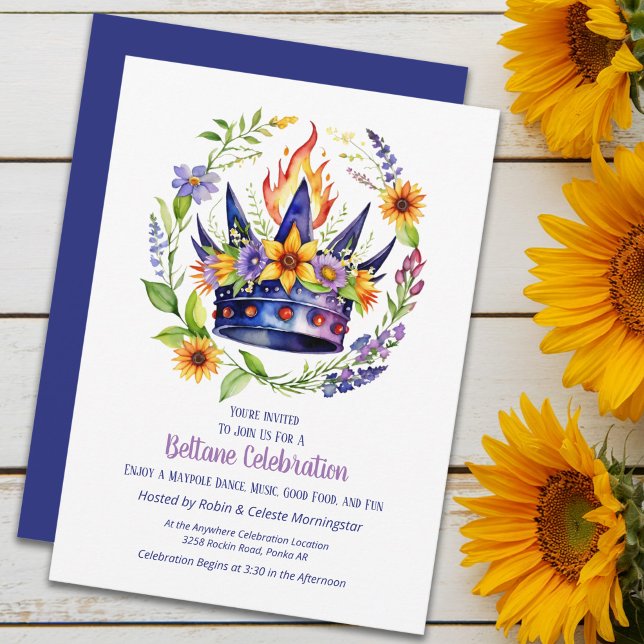 Invitation Couronne de feu de Beltane Fête de sabbat floral d (Beltane Fire Crown Summer Floral Sabbat Party Invitation by the Pagan Holidays shop)
