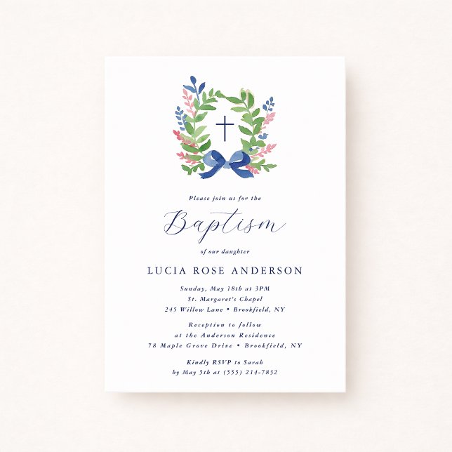 Invitation Couronne de feuillage à l'aquarelle avec nœud bleu (Créateur téléchargé)