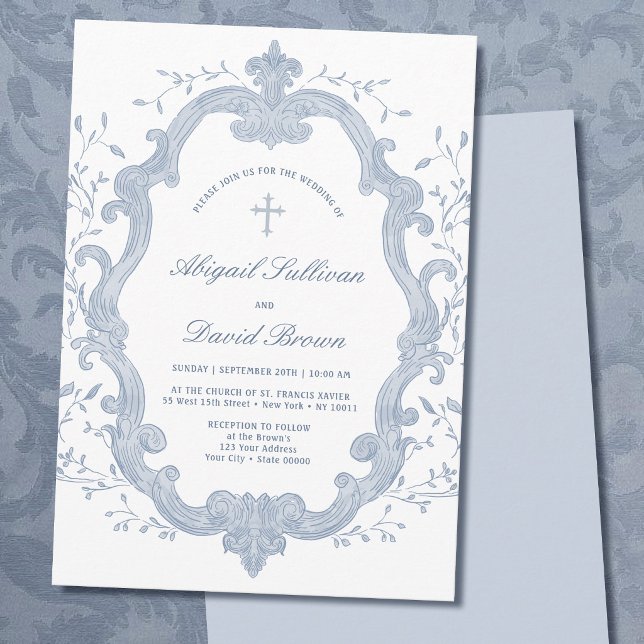 Invitation Couronne de feuillage bleu élégant Mariage religie (Créateur téléchargé)