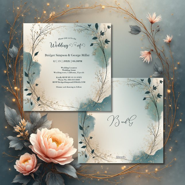 Invitation Couronne de feuillage bleu poussiéreux beige Bohèm (Créateur téléchargé)