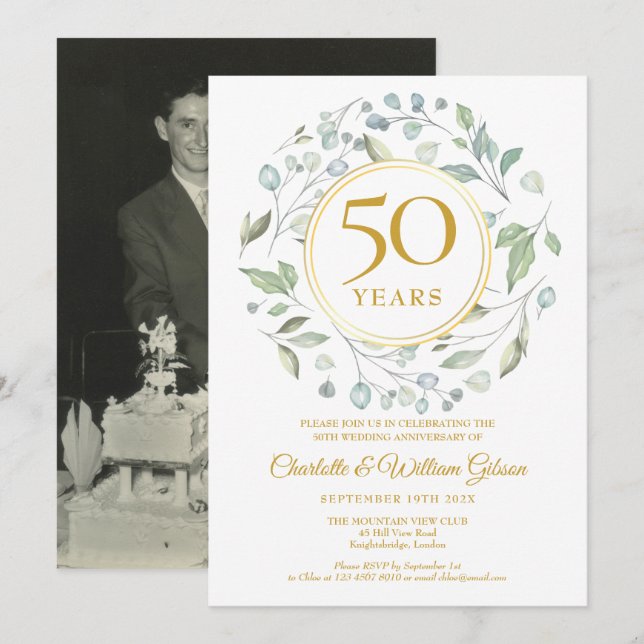 Invitation Couronne de feuillage de laurier doré pour 50 ans  (Devant / Derrière)